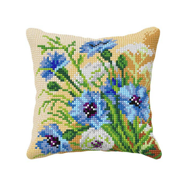 Orchidea broderi - Kornblomster - pude 40 x 40 cm (påtrykt broderi)