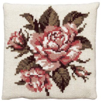 Permin broderi - Stramaj med pink roser - pude (påtrykt broderi)