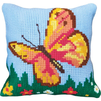 Permin broderi - Orange sommerfugl - pude (påtrykt broderi)