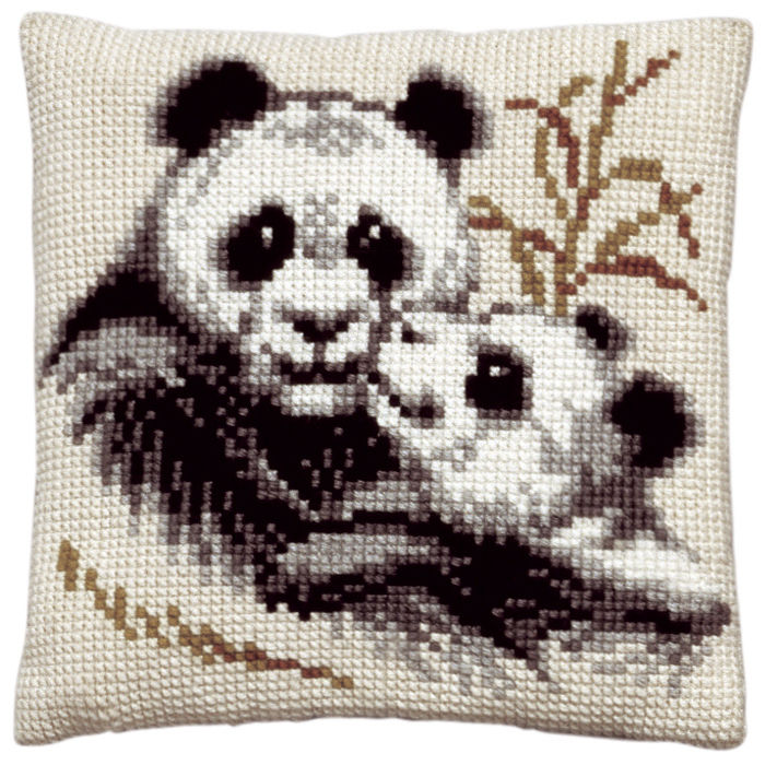 Permin broderi - Stramaj med pandaer - pude (påtrykt broderi)